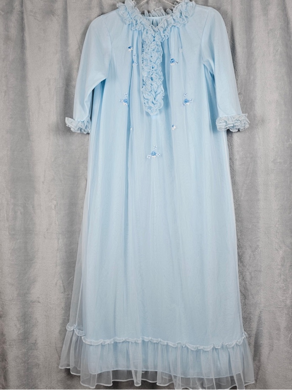 Vintage Wacoal Light Blue Chiffon Sheer Nightgown with Ruffle Trim S/M